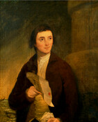 Half-length portrait of William Patterson (1752-1835). He is seated and holding a letter in his right hand. He wears a brown coat, white stock, and off-white waistcoat. A column is seen to background right, and a seascape is seen on the other side of the background.