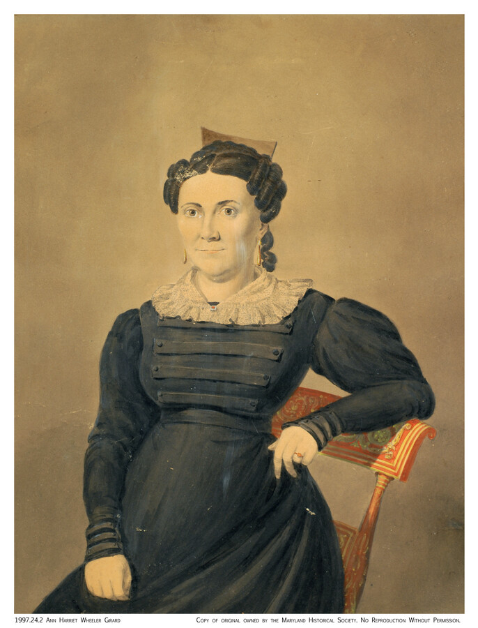 Watercolor portrait of Ann Harriet Wheeler Giraud (Mrs. John James Giraud) ( -1853), wearing a black dress while she sits upon a red and gold painted side chair. She married noted Baltimore physician Dr. John James Giraud (1759-1839) on June 18, 1796 and had one child, a son, Dr. Augustus J.T. Giraud (c. 1806-1880). She…