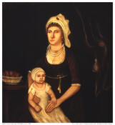 Three-quarter length seated portrait of Elizabeth Gordon Handy (1778-1820) holding her infant child Lucretia Ann Eleanora McClester (1802-1868). The woman wears a black dress with a low lace-trimmed neckline, high belted waist, and half-length sleeves, as well as multiple necklaces and a white head covering over her brown hair. The infant wears a long white…