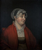 Half-length portrait of Mary Schley Schroeder (1774-1840) by Rembrandt Peale (1778-1860). Schroeder is seated wearing a red shawl and a lace bonnet.