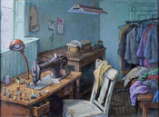 Interior scene of a room in a tailor shop with blue walls and a window. In the foreground sits an empty white chair with fabric draped over its back in front of a wooden desk. A sewing machine, a lamp, and numerous spools of thread sit atop the desk. In the background is a rack…