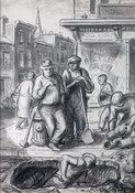 The artist has captured a scene of construction workers doing roadwork in front of a storefront on a street corner. Two men lean on a fire hydrant holding a shovel and other tools. One man stands in a hole made in the street working on pipes while another man lifts a new pipe off a…