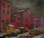 Urban landscape painting of Stirling Street in Baltimore, Maryland. Three red buildings sit on a snow-covered street occupied by yellow and brown boxes and dumpsters. A wood pile sits in the foreground and more red buildings can be seen in the background.