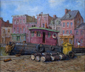 Scene of a docked tugboat named "Mammy" with buildings in the background by Jacob Glushakow (1914-2000).