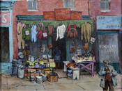 This painting by Jacob Glushakow (1914-2000) depicts a storefront displaying clothes and other items. Glushakow often painted scenes of city life in Baltimore, Maryland.