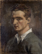 Oil on canvas self portrait painting of Jacob Glushakow (1914-2000), c. 1935-1950. Born into a large Jewish Baltimore family, he attended Baltimore City College, the Maryland Institute College of Art (MICA), and the Art Students League (1933-1936). During World War II, he served in the U.S. Army Air Corps, enlisting on December 17, 1941. After…
