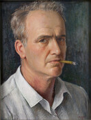 Self-portrait by Jacob Glushakow (1914-2000). The artist is painted wearing a white, collared shirt, smoking a cigar and looking directly at the viewer.