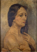 Bust-length quarter-profile portrait of a woman with long, wavy brown hair wearing an off-shoulder garment. An East Baltimore native, Jacob Glushakow (1914-2000) was graduated from City College in 1933, attended the Maryland Institute of Art, and from 1933 to 1936 studied at the Art Students League in New York City. This was painted when the…