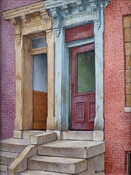 Painting of two adjacent doorways atop concrete steps against a brick wall by Jacob Glushakow (1914-2000). The door on the left with a yellow painted frame is open, revealing the interior hallway. The door on the right has a blue painted frame and the red door remains closed.