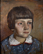 Portrait by Jacob Glushakow (1914-2000) of his sister Mickey. She has short brown hair and is wearing a blue dress with polka-dots and a white collar. Her face is expressionless as she looks off to the side of the picture plane. Jacob Glushakow was one of 11 siblings.