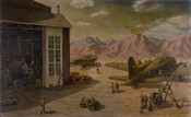 Scene showing an aircraft hangar and its surrounding landscape. Two planes are seen in the image in the middleground and background, while members of the United States Air Force walk and drive around the area readying the planes. This scene was painted while the artist was serving in the Air Force during WWII in Arizona…