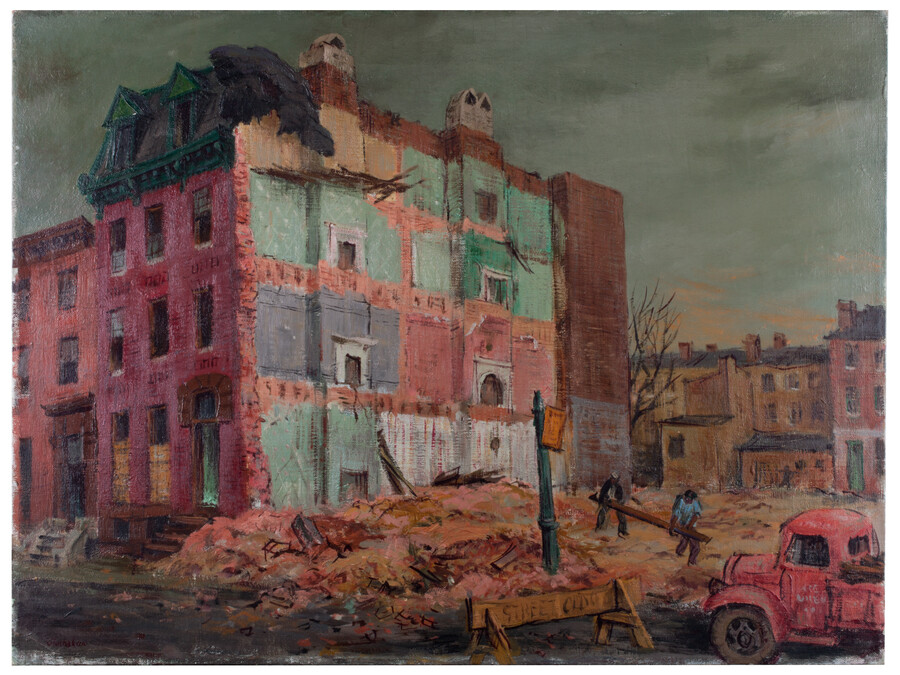 Outdoor scene featuring a large brick building being demolished underneath a gray and cloudy sky. The remaining side of the building shows fireplaces left intact and different colored walls denoting the boundaries between the former apartments. A pile of rubble sit on the ground on the right of the composition as two workers carry materials…