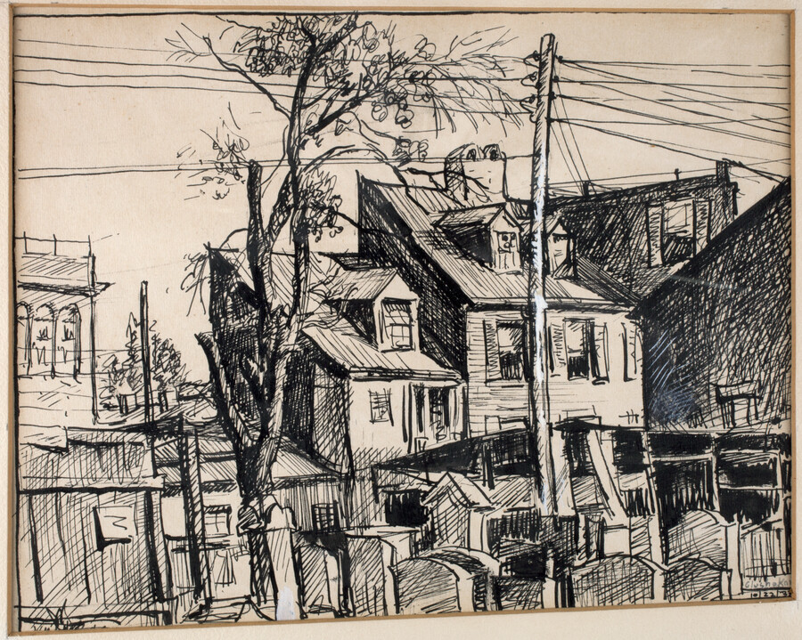 This landscape sketch depicts a row of buildings underneath a power line along Aisquith Street in Baltimore, Maryland, which runs parallel to Greenmount Cemetery. A large tree that has lost its leaves has had branches removed to make way for the power lines.