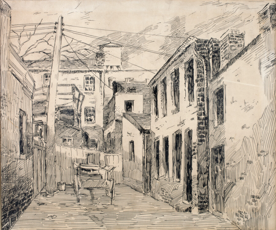 In this drawing, Jacob Glushakow (1914-2000) used hatched lines to depict an alley in East Baltimore flanked by buildings with darkened windows. A telephone pole and power lines can be seen in front of more buildings and a tree without its leaves in the background. An empty cart sits in front of a fence at…