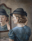 A woman with short brown hair wearing a blue cap-sleeved dress, a black hat, and a string of pearls gazes at her reflection in the mirror before her while adjusting her hair with her right hand.