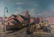 Jacob Glushakow (1914-2000) here captures a scene of a lumber yard in Baltimore with two workers in the foreground with piles of planks of wood to the right and left. A horse-drawn cart is seen on the right with more workers behind it in the middleground. There is a group of red buildings behind a…