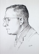 Drawn side profile portrait of Herb Denenberg by Jacob Glushakow (1914-2000). The sitter is the brother-in-law of the artist. He wears glasses and a blazer and has a short cropped hairstyle. The artist has used both hatched lines and ink washes to render light and shadow.