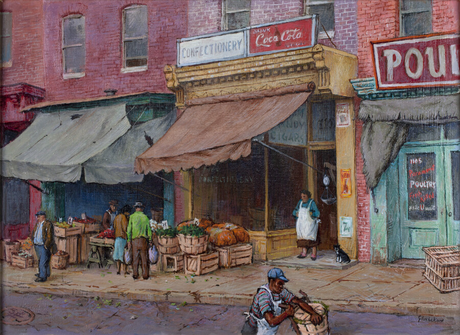 Painting depicts a market on a sidewalk in front of buildings with open doors and large awnings by Jacob Glushakow (1914-2000). Glushakow was known for his paintings of urban scenes in Baltimore, Maryland.