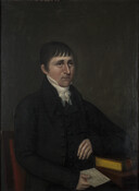 Half-length three-quarter profile portrait of Elijah Stansbury (1791-1883) by Joshua Johnson (fl. 1796-1824). Stansbury served in the War of 1812 and was a merchant and Mayor of Baltimore, making him representative of Johnson's patrons who were typically Baltimore's successful artisans and merchants. He is pictured seated wearing a black coat and vest with a white…