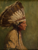 Half-length side-profile portrait of a man identified as former Rappahannock Chief Jim Johnson. The sitter was identified as a corn planter, Ga-Yen-Twa-Ga, from the Wolf Clan of the Rappahanock Tribe of Virginia by the artist, Charles F. Elvers (1897-1954). The sitter wears a feathered headdress and a tan-colored tunic, with his hair worn in two…