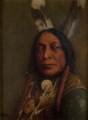 Bust-length three-quarter view portrait Wi-Tabano-Xure, or Walking with daylight, who was also known as War Eagle. He wears a shell necklace over a vest and has his hair tied in two wrapped braids falling on his chest. Two large feathers rise up from behind his head as he looks off to the side of the…