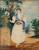 Full-length watercolor portrait of a girl in a white 1820s dress with a blue sash. She stands outside next to a low wall holding a basket. Made by Mary Hooper Mitchell (1792-1897) of Dorchester County, Maryland.