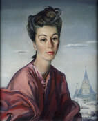 Bust-length portrait of Mrs. Trafford Klots (Isabel H. Klots) (1917-2013), painted by her husband, Trafford P. Klots (1913-1976). Her hair is swept up and she wears a pink dress. Though her work is much less known than that of her husband, Klots was also an accomplished painter.