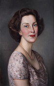 Bust-length portrait of Eugenia Calvert Holland (1909-1998). She is wearing a floral-patterned dress and a necklace.