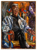 Portrait of Tom Miller (1945-2000) by Raoul F. Middleman (1935-). Here Middleman has used his style of painterly expressionism to render his fellow prominent Maryland artist. Miller is portrayed wearing a silver jacket over a black shirt while seated in a chair with his legs crossed. He holds a cigarette in his left hand and…