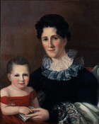 Portrait of Eliza Burd Patterson Peale (Mrs. Rubens Peale, 1794-1864) and son, Charles Willson Peale, Jr. (1821-1864). Eliza Peale is pictured with black curly hair, wearing a black dress with a sheer white lace jabot and a white paisley shawl wrapped around her arms. The child has light brown hair and sits on his mother's…