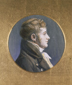 Miniature side-profile bust-length portrait of Joseph Hopper Nicholson (1770-1817). He has light brown hair and wears a brown coat with white cravat. Nicholson was a close friend of Francis Scott Key (1779-1843) and ran an artillery company during the War of 1812.