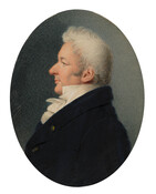 Watercolor on ivory miniature portrait painting of "Solomon Etting" (1764-1847), ca. 1820, by an unknown artist. Etting was born in York, Pennsylvania, entered into business in Lancaster, and moved to Baltimore, Maryland in 1790. He was a successful merchant, dealing in shipping, banking, and hardware. Etting was later a founder and financier of the Baltimore…