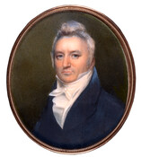 Watercolor on ivory miniature portrait painting, in gold oval frame with lock of hair on the back, of "Solomon Etting" (1764-1847), ca. 1820, by an unknown artist. Etting was born in York, Pennsylvania, entered into business in Lancaster, and moved to Baltimore, Maryland, in 1790. He was a successful merchant, dealing in shipping, banking, and…