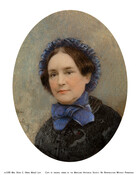 Miniature bust-length portrait of Mrs. Anna Maria Levy (Mrs. David C. Levy). She is portrayed as a young woman with brown hair worn under a blue bonnet that ties with a large ribbon under her chin. She wears a black, high-necked dress. The image has a gray background.
