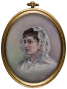 Miniature portrait of Anna Maria Cohen Minis (Mrs. Abram Minis) (1863-1897) in a gold frame with ivory back.