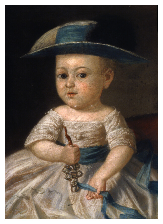 Portrait of James Hopkinson (1769-1775) by Francis Hopkinson (1737-1791). James Hopkinson is pictured as an infant wearing a blue hat and white dress and holding a rattle-whistle.