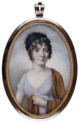 Half-length miniature portrait of Maria Anna "Elisa" Bonaparte Bacciochi Levoy (1777-1820) (Madame Felice Bacciochi) (Princesse Elise Bacciochi). She is pictured as a young woman with dark curly upswept hair worn with a cameo band. She wears a muted lavendar empire-waist dress with v-shaped neckline and an orange shawl.