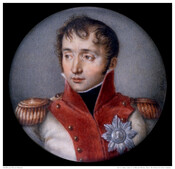 Miniature bust-length portrait of Louis Napoleon Bonaparte (1788-1846) the King of Holland. Hi short dark hair is brushed towards face as he sits facing proper right. He wears ivory and red military uniform with large silver star on proper left breast, and gold epaulettes.