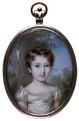 Miniature portrait of Elisa Napoleone Bacciochi (1806-1869) (Napoleone Bacciochi) (Napoleone Camerata). Half-length portrait shows Napoleone Camerata as young girl, nine years old, with short wavy brown hair, in frontal pose. She wears ivory empire waist dress with gold accents, and is posed before a landscape.
