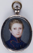 Miniature bust-length portrait of Jerome Napoleon Bonaparte (1814-1847), son of Jerome Bonaparte and Elizabeth Patterson Bonaparte as an older child with light brown hair wearing a high-collared blue coat. Engraved on verso of case is the phrase "Jerome Elder Son of King Jerome."