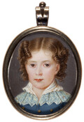 Oval-shaped miniature bust-length portrait of Prince Napoleon Joseph Charles Paul Bonaparte (1822-1891), nicknamed "Plon-Plon." He is portrayed with short brown curled hair wearing a blue coat with a white lace collar.