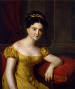 Three-quarter-length portrait of Elizabeth Patterson Bonaparte (1785-1879). She is pictured seated while wearing a yellow square-necked dress and a tiara.