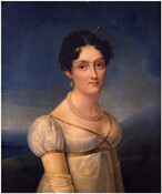 Portrait of Elizabeth Patterson Bonaparte (1785-1879) by Francois-Josephe Kinsoen (1770-1839). This half-length portrait shows Bonaparte as a young woman wearing white empire dress with gold trim, and off-white gloves.