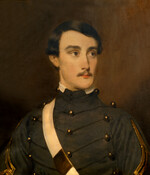 Half-length portrait shows Jerome Napoleon Bonaparte, Jr. (1830-1893) as a young man wearing uniform, with brown hair parted at side, facing slightly to left. He wears a gray uniform with brown braid, with buttons and stripes on cape and white sash across chest.