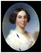 Bust-length portrait of Mrs. Jérôme Napoleon Bonaparte (Susan May Williams) (1812-1881). She is portrayed as a young woman with brown hair tied up in a low, wide chignon typical for the time period. She wears a white ermine stole with black tails.