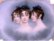 Triple portrait of Elizabeth Patterson Bonaparte (1785-1879). She is seen from the front, from a three-quarter profile view, and from the side profile view. Her brown curly hair is upswept but falls in wisps around her face. Each likeness is shoulder-length and fades at the edges into the blue-gray background.