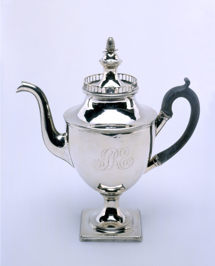 Silver tea or hot water pot with black wood handle engraved with the initials, "SRE," for Solomon Etting (1764-1847). Pot has square base, pinecone-shaped finial, and pierced gallery around lid top.