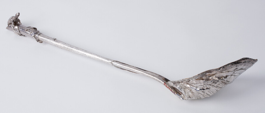 Silver oyster ladle with oyster shell-shaped gilt bowl, grass and ivy motif handle, and turtle finial. Made by Dr. Adalbert J. Volck (1828-1912) for Katherine Dobbin Brown as a wedding present at her marriage to Frederic C. Thomas of New York on April 19, 1899.