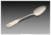 Silver serving spoon with pointed bowl, fiddle handle, and shell motif. Presented to David Williamson by Gilbert du Motier, Marquis de Lafayette (1757-1834) in 1824.