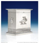 Silver tea caddy with classical Grecian design and repoussé images. Engraved with the initials "EP." Elizabeth Patterson Bonaparte (1785-1879) purchased this French tea caddy for her brother Edward. She acquired this and several other items from Jean-Baptiste-Claude Odiot (1763-1850), one of the Parisian silversmiths patronized by Napoleon.